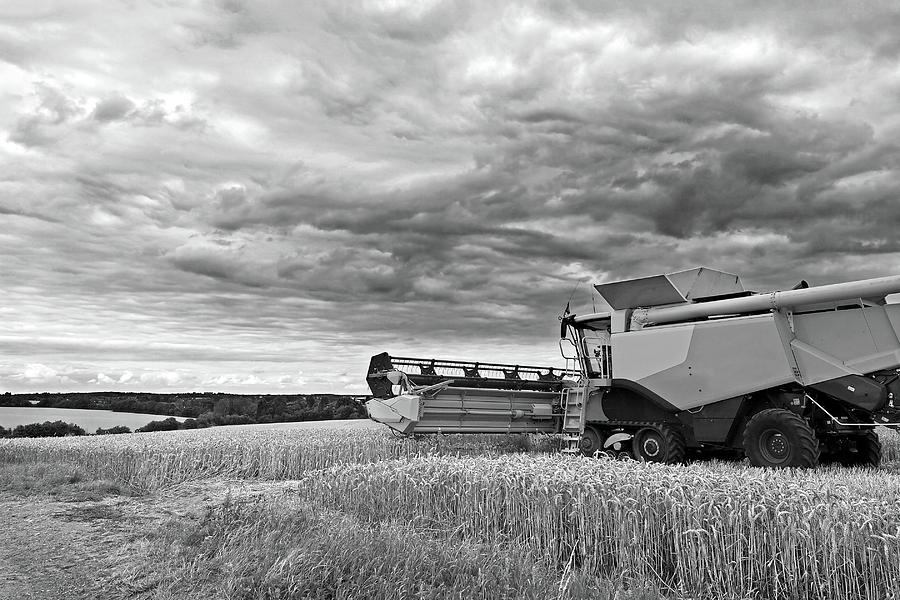 Race Against Time - Harvesting Before The Storm In Black and White Photograph by Gill Billington