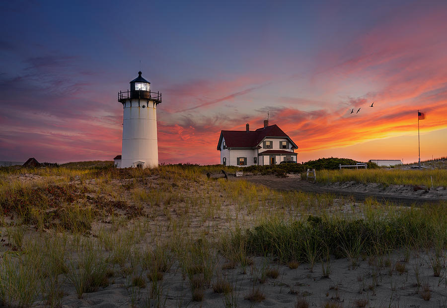 Flag Photograph - Race Point Light Sunset 2015 by Bill Wakeley