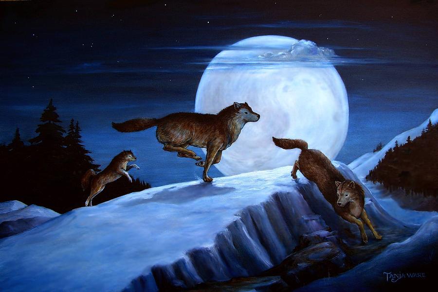 Wolves Painting - Race the Moon by Tanja Ware