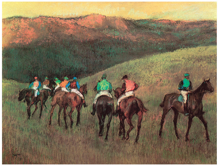 Edgar Degas Pastel - Racehorses in a Landscape by Edgar Degas