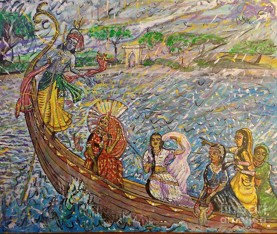 Radha and Krishna on spiritual boat ride Painting by Michael African Visions