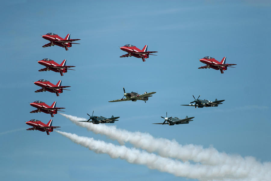 RAF Red Arrows and World War 2 Aircraft Flyover Photograph by Erik Simonsen
