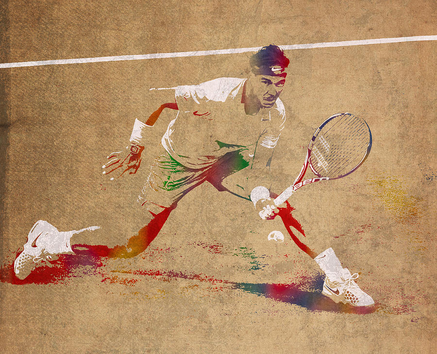Tennis Mixed Media - Rafael Nadal Tennis Star Watercolor Portrait on Worn Canvas by Design Turnpike
