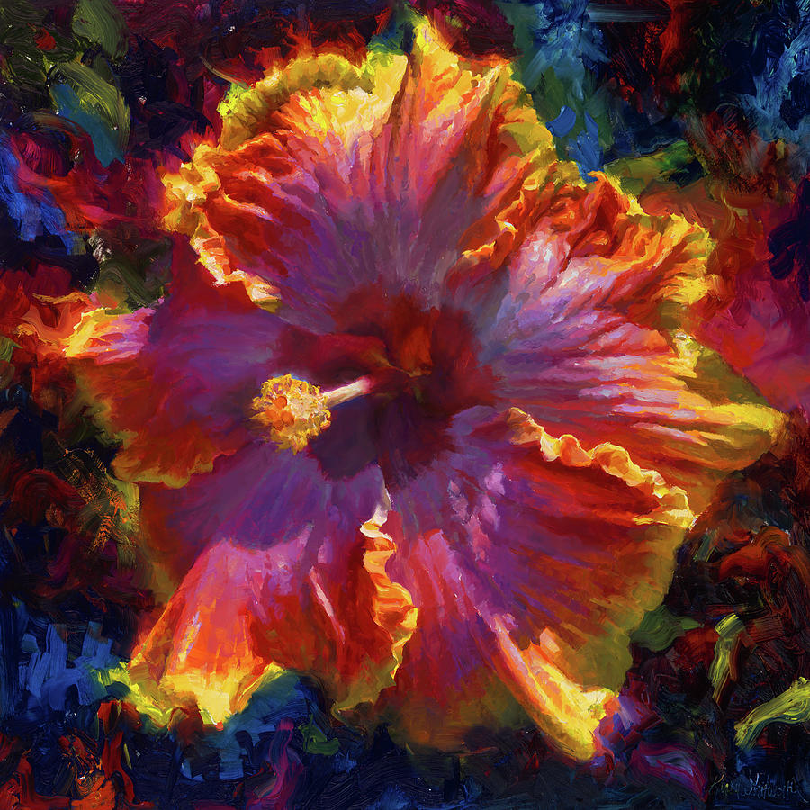 Hawaiian Flower Painting of Rainbow Hibiscus Blossom Tropical Flower Wall Art Botanical Oil Painting Painting by K Whitworth