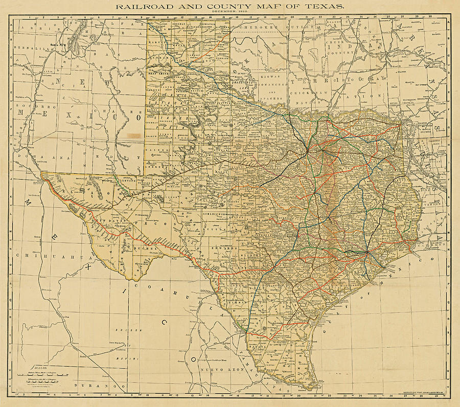Railroad and County Map of Texas 1893 Digital Art by Texas Map Store
