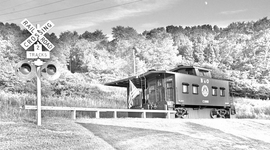 Railroad Crossing And Caboose Black And White Photograph by Lisa Wooten