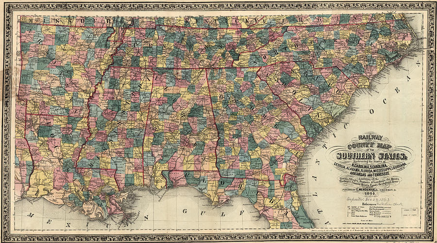 Railway and countMapy map of the Southern States 1864 Painting by Edward Mendenhall
