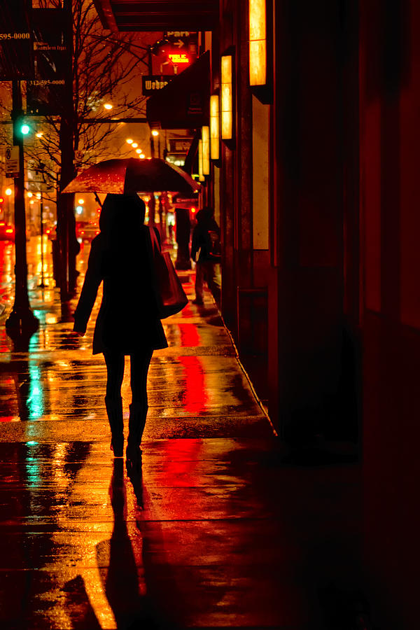 Rain - City Night - Woman with Umbrella Photograph by Nikolyn McDonald