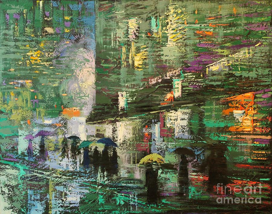 City Painting - Rain Day Walkers 4 by Chin H Shin