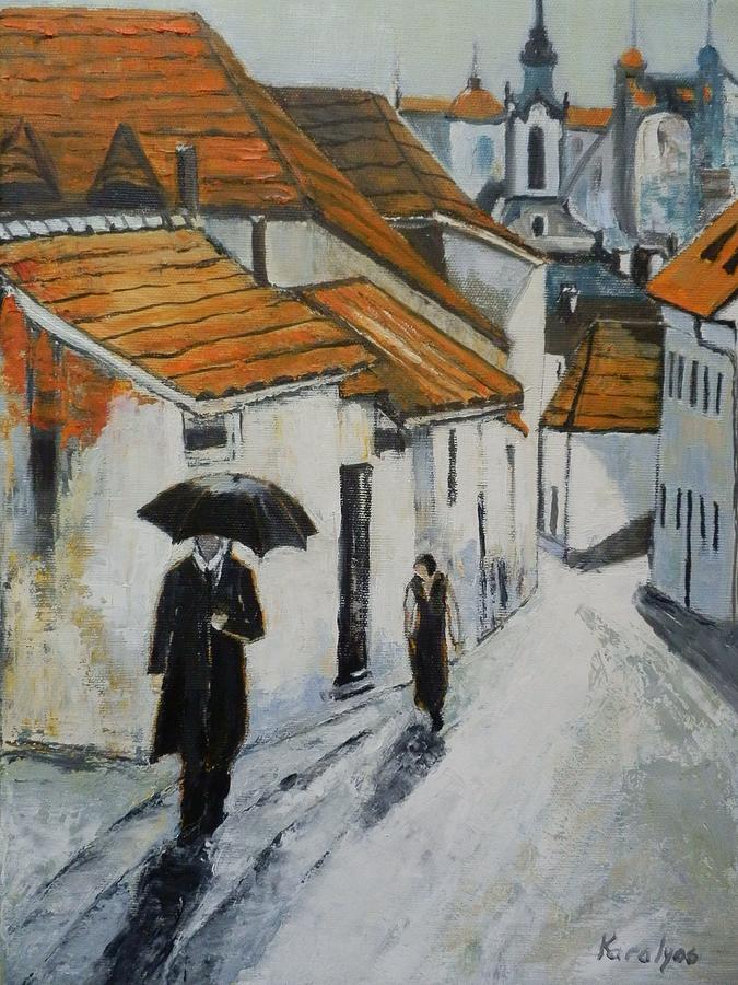 City Painting - Rain on a Sibiu street by Maria Karalyos