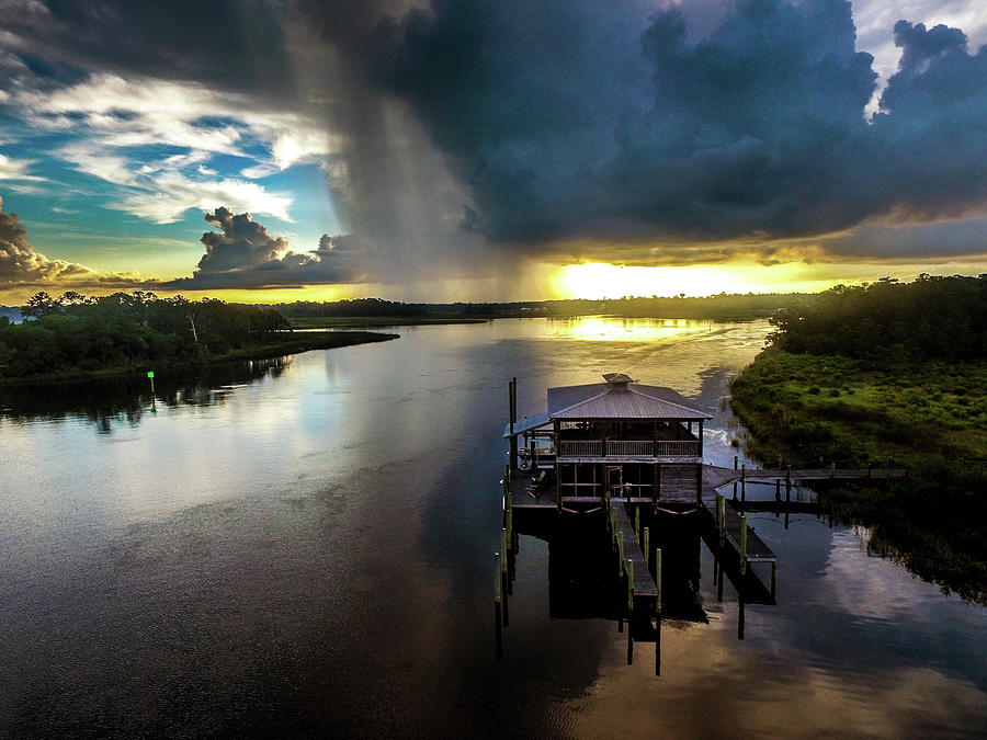 Rain Over Boathouse on the Bon Secour River Photograph by Michael Thomas