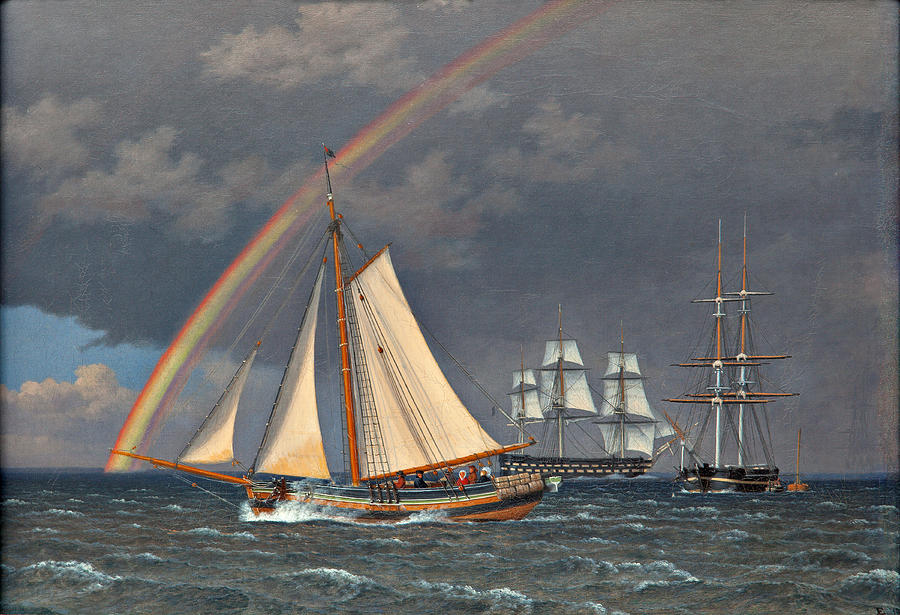 Rainbow at sea with some cruising ships Painting by Christoffer Wilhelm Eckersberg