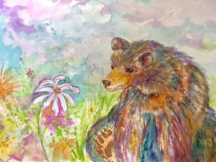 Rainbow Bear and Wildflowers  Painting by Ellen Levinson