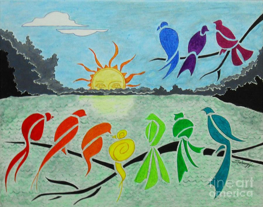 Rainbow Birds Sunrise -- Stylized Birds on Branches in Rainbow Colors Painting by Jayne Somogy