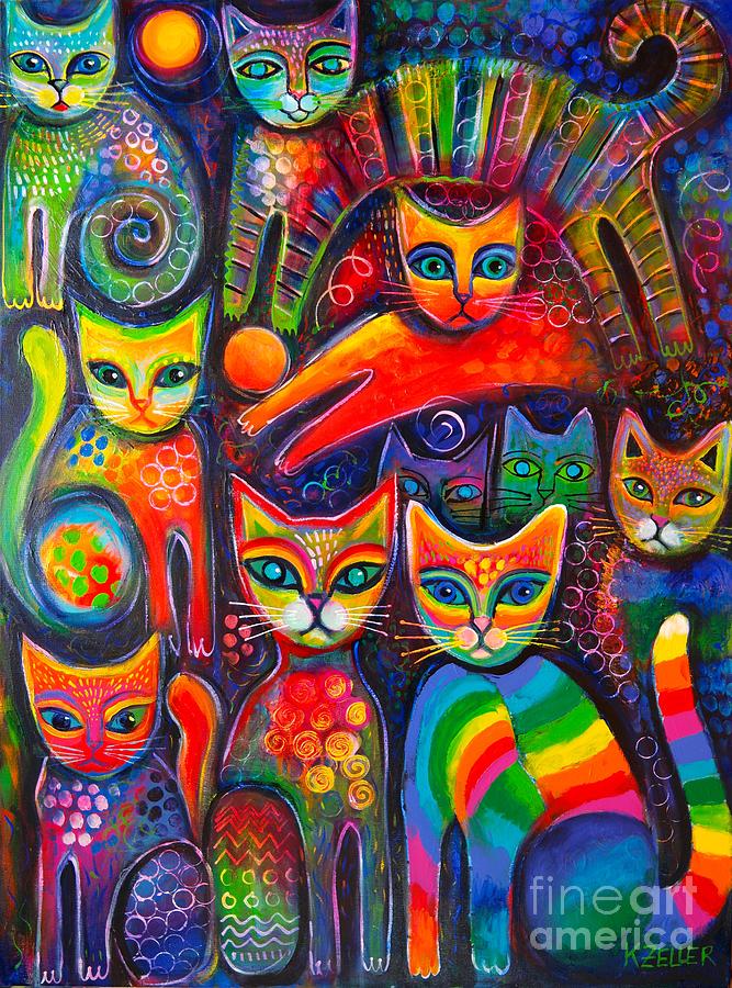 Rainbow cats acrlylics Painting by Karin Zeller