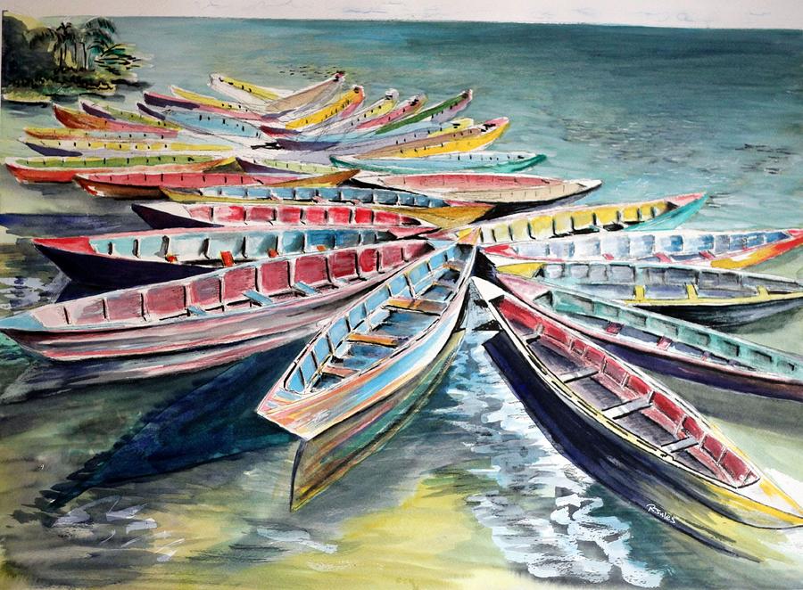 Boat Painting - Rainbow Flotilla by Richard Jules
