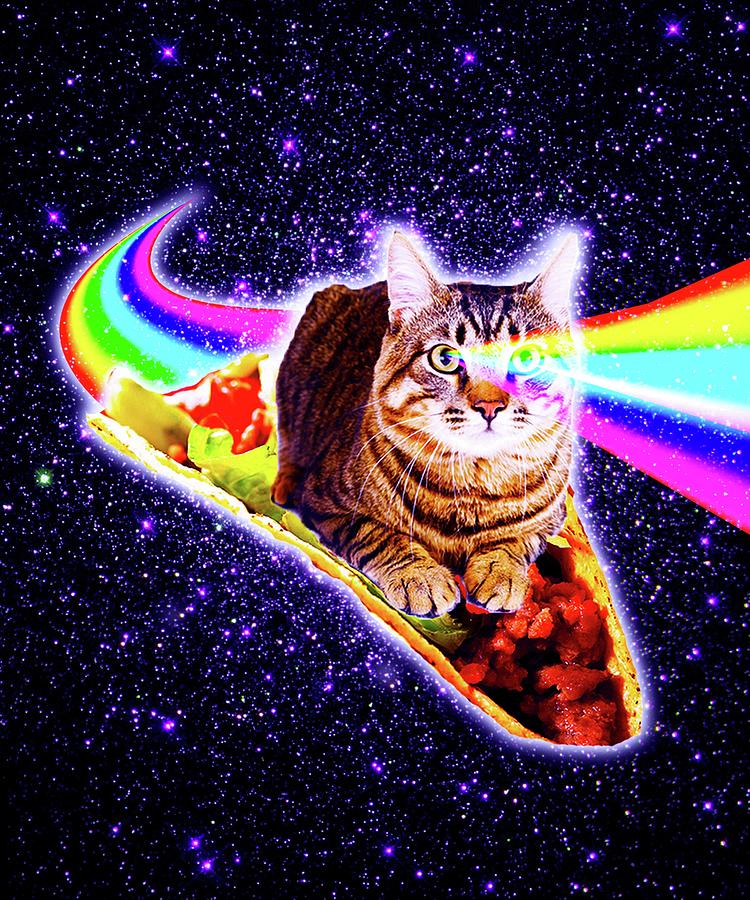 Space Digital Art - Rainbow Laser Eyes Galaxy Cat Riding Taco by Random Gal...