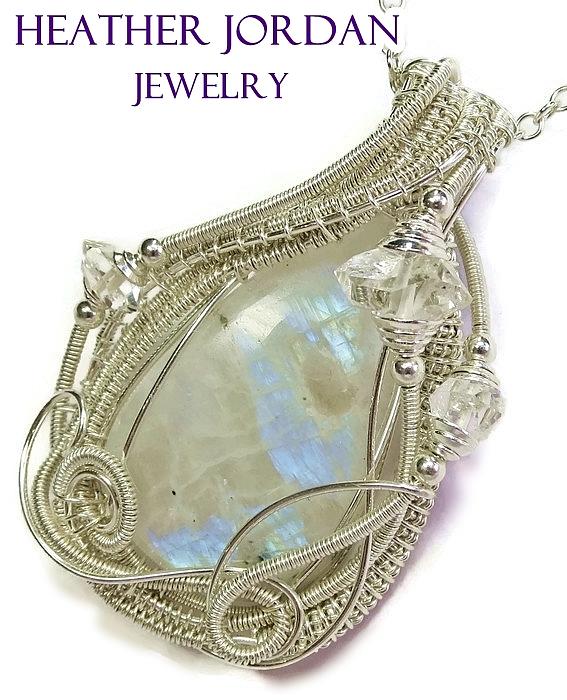 Heather Jordan Jewelry - Rainbow Moonstone and Sterling Silver Wire-Wrapped Pendant with Herkimer Diamonds MNSTPSS1 by Heather Jordan