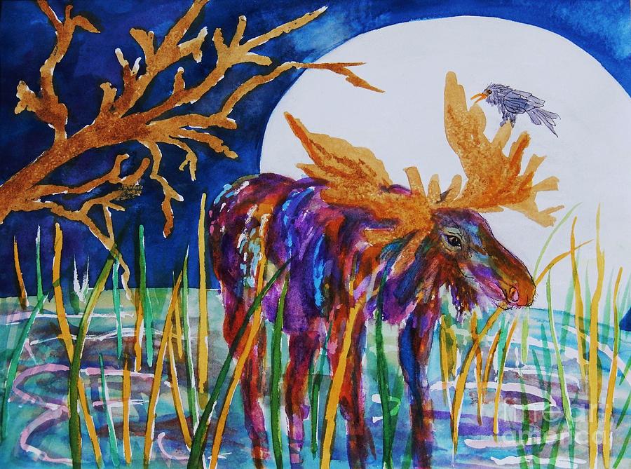 Rainbow Moose Night Grazing Painting by Ellen Levinson