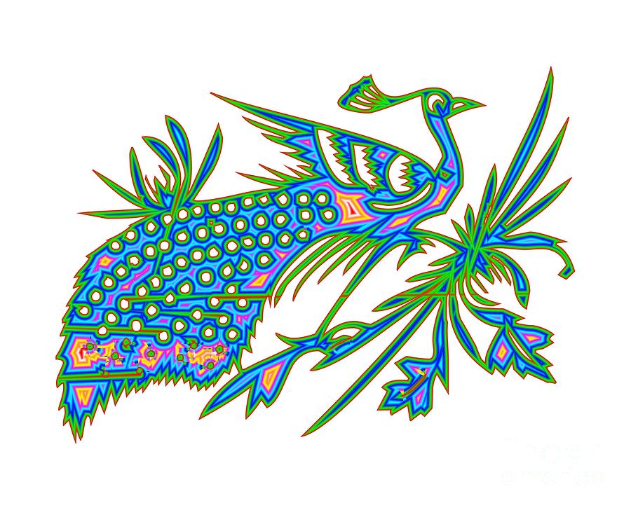 Rainbow Multicolored Peacock on a Branch Digital Art by Rose Santuci-Sofranko