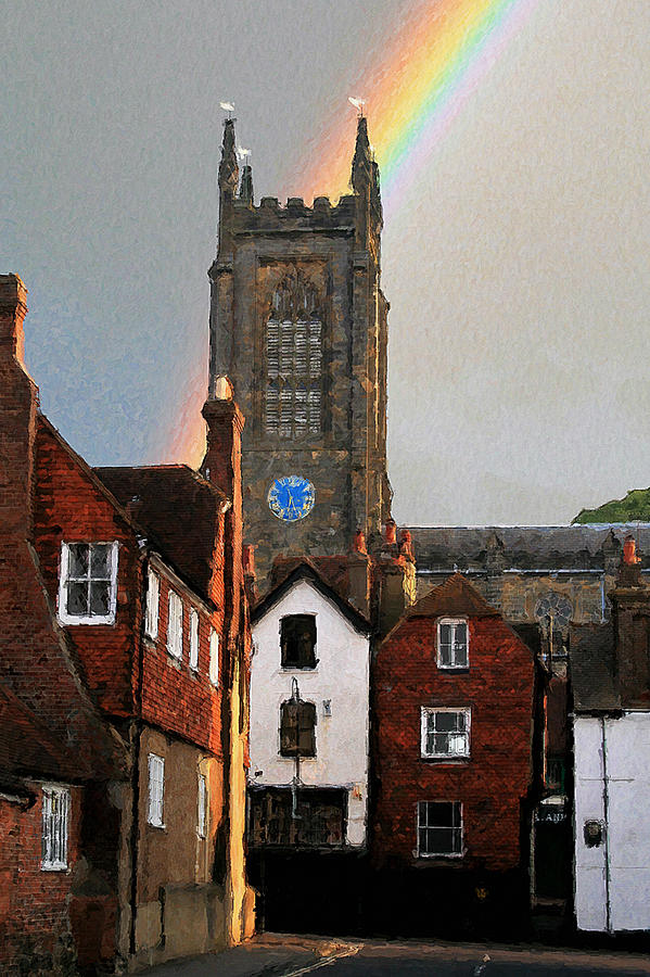 Rainbow over Church Digital Art by Julian Perry