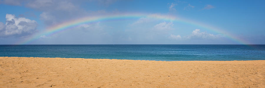 Rainbow Over The Pacific Panorama - Waimea Beach Oahu Hawaii Photograph by Brian Harig