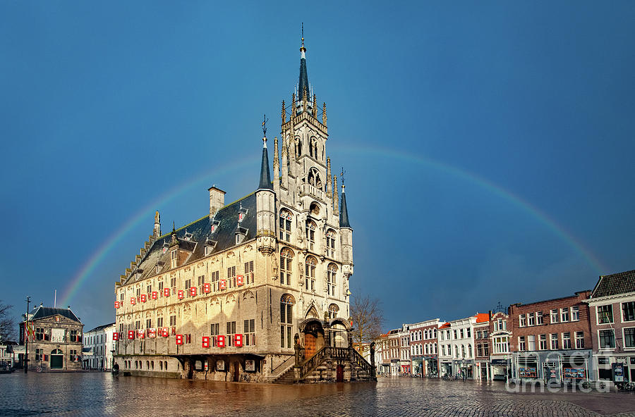 Rainbow over Town Hall Gouda Photograph by Casper Cammeraat