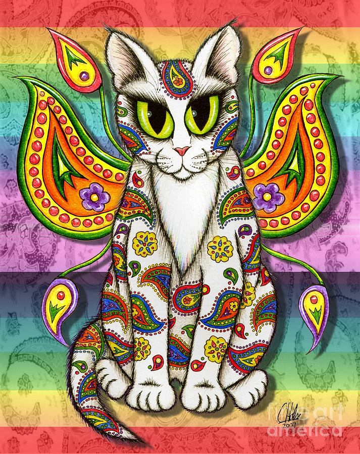 Rainbow Paisley Fairy Cat Mixed Media by Carrie Hawks