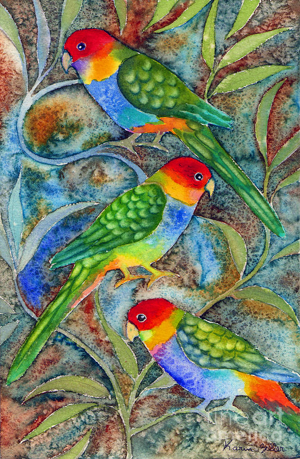 Abstract Painting - Rainbow Parrots by Karin Zeller