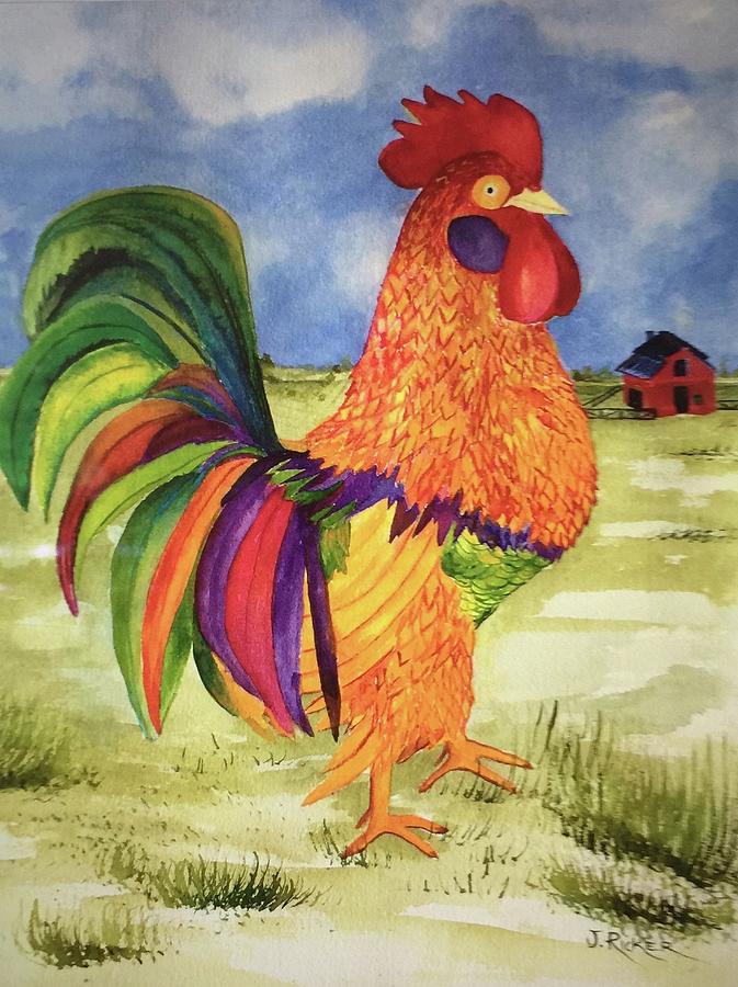 Rainbow Rooster Painting by Jane Ricker