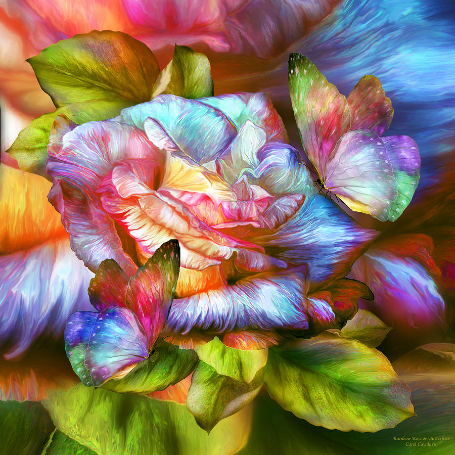Rainbow Rose And Butterflies Mixed Media by Carol Cavalaris