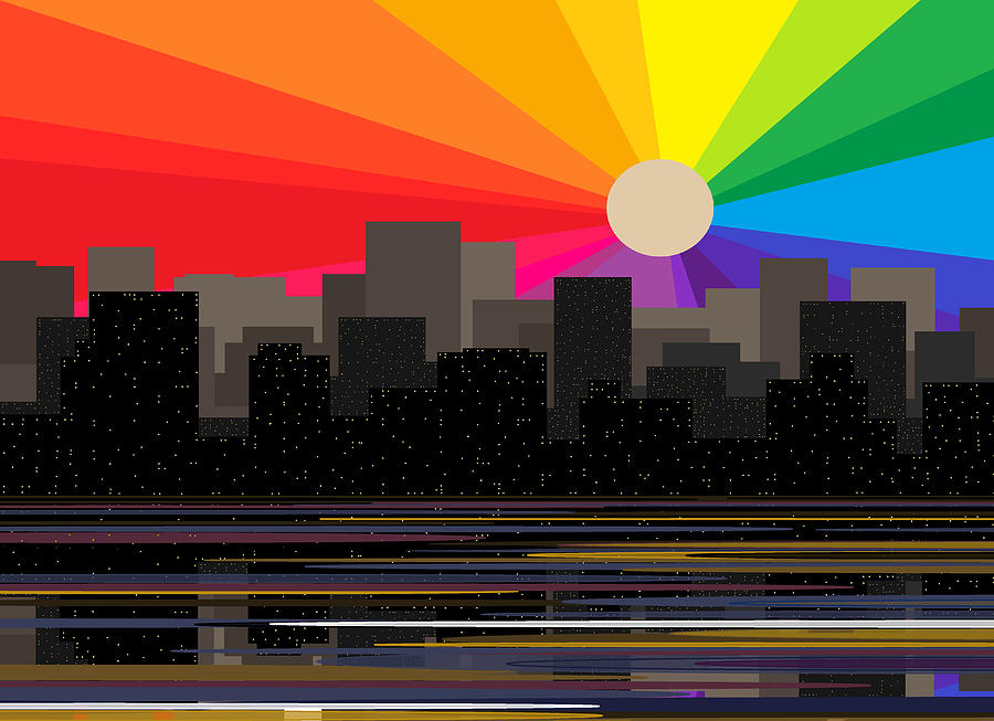 Unique Digital Art - Rainbow Sunrise -  City Skyline by Val Arie