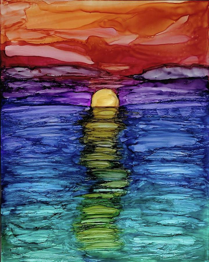 Rainbow Sunset on the Ocean Painting by Linda Stanton