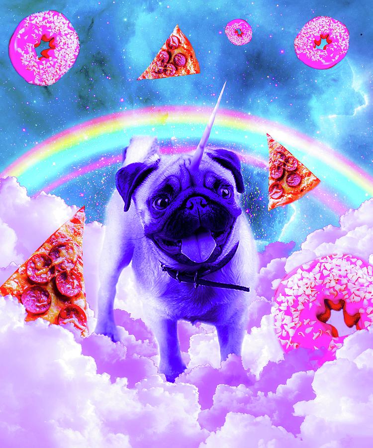Rainbow Unicorn Pug In The Clouds In Space Digital Art By Random