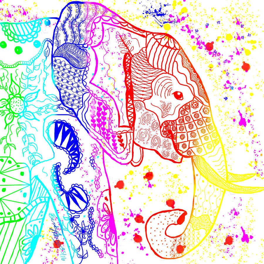 Rainbow Zentangle Elephant Painting by Becky Herrera