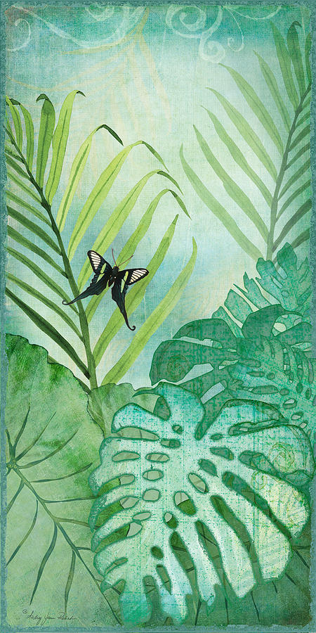 Rainforest Tropical - Philodendron Elephant Ear and Palm Leaves w Botanical Butterfly Painting by Audrey Jeanne Roberts