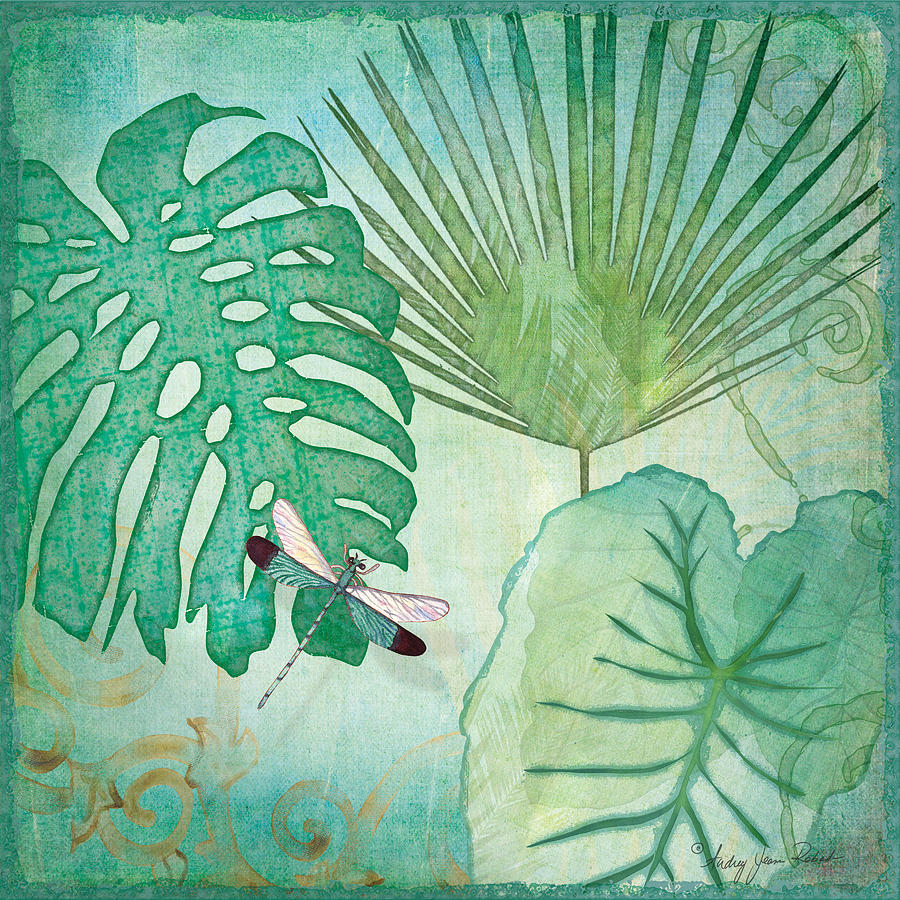 Rainforest Tropical - Philodendron Elephant Ear and Palm Leaves w Botanical Dragonfly 2 Painting by Audrey Jeanne Roberts