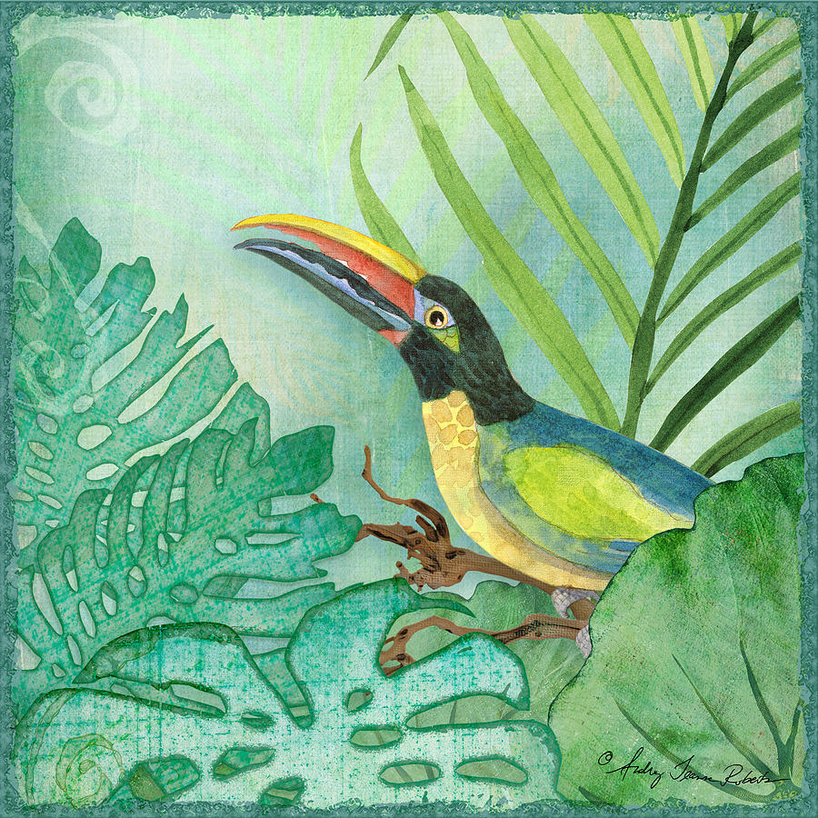 Toucan Painting - Rainforest Tropical - Jungle Toucan w Philodendron Elephant Ear and Palm Leaves 2 by Audrey Jeanne Roberts