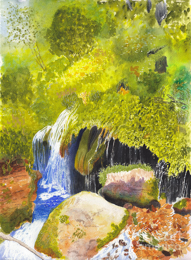 Rainforest Waterfall Watercolor and Acrylic Painting by Conni Schaftenaar