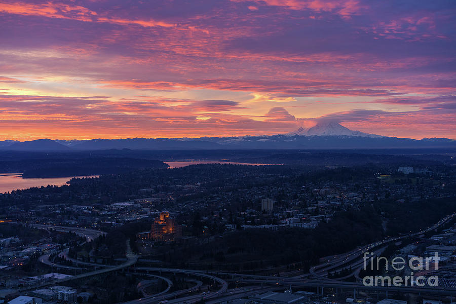 Mount Rainier and Seattle Sunrise Cloudscape Photograph by Mike Reid