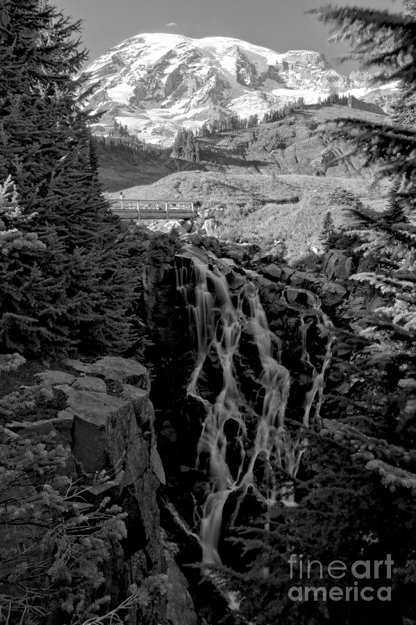 Rainier Myrtle Falls - Black And White Photograph by Adam Jewell