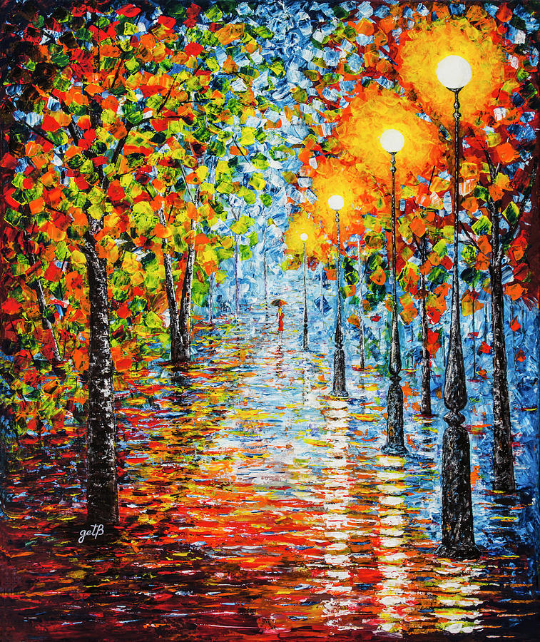 Rainy Autumn Evening in The Park acrylic palette knife painting Painting by Georgeta Blanaru