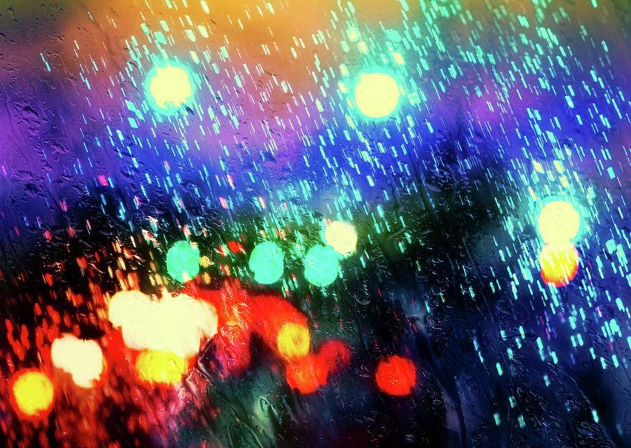 Rainy city lights Mixed Media by Lilia S