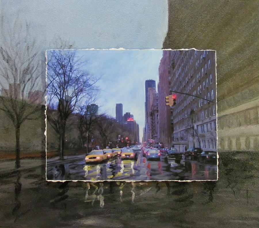 Rainy City Street layered Mixed Media by Anita Burgermeister