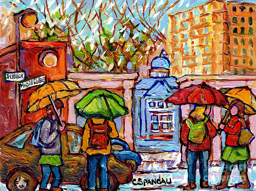 Rainy Day At Mcgill Campus Roddick Gates Painting Canadian University Scene C Spandau Montreal Art   Painting by Carole Spandau