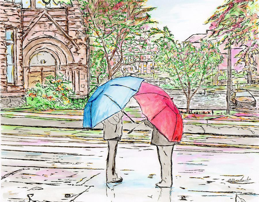 Rainy Day in Downtown Worcester, MA Drawing by Michele A Loftus