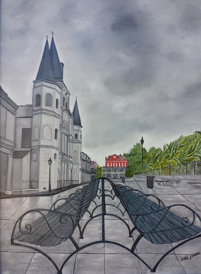 Black And White Painting - Rainy Day in Jackson Square by Judy Jones