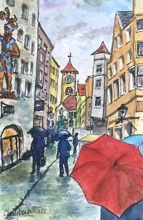 Rainy Day in Regensburg Painting by Cheryl Wallace