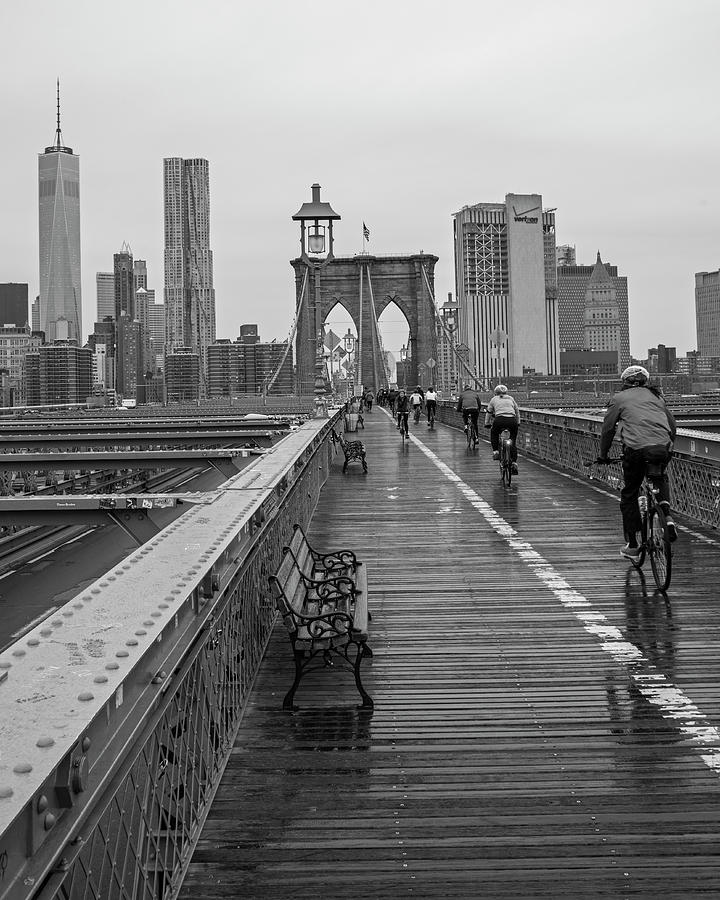 Rainy Day on the Brooklyn Bridge Brooklyn New York Bike Race Black and White Photograph by Toby McGuire