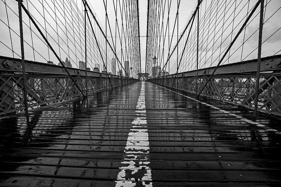 Rainy Day on the Brooklyn Bridge Brooklyn New York Cables Black and White Photograph by Toby McGuire